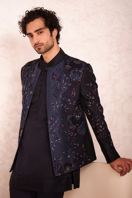 Buy_Jatin Malik_Blue Linen Silk, Lining Satin Floral Motifs Ombre Jacket And Kurta Set _Online_at_Aza_Fashions