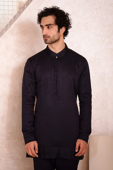 Shop_Jatin Malik_Blue Linen Silk, Lining Satin Floral Motifs Ombre Jacket And Kurta Set _Online_at_Aza_Fashions