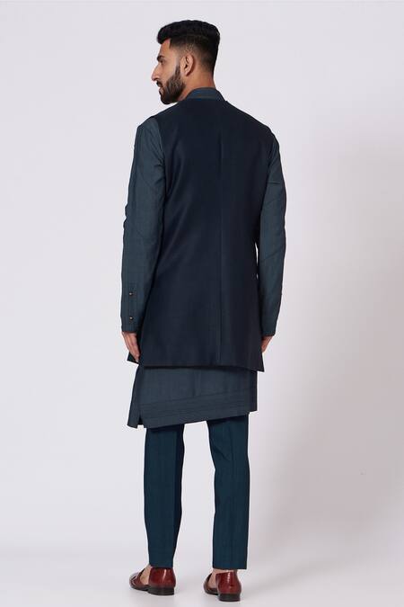 Shop_Jatin Malik_Blue Linen Silk Embroidered Jacket And Kurta Set _at_Aza_Fashions