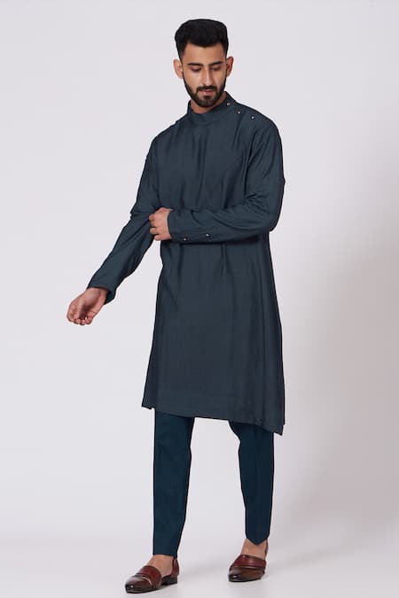 Jatin Malik_Blue Linen Silk Embroidered Jacket And Kurta Set _Online_at_Aza_Fashions