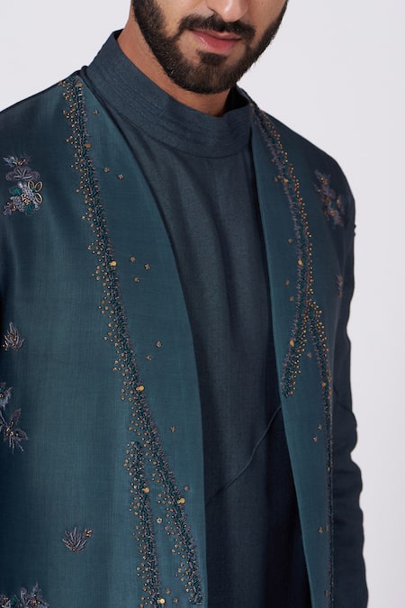 Shop_Jatin Malik_Blue Linen Silk Embroidered Jacket And Kurta Set _Online_at_Aza_Fashions