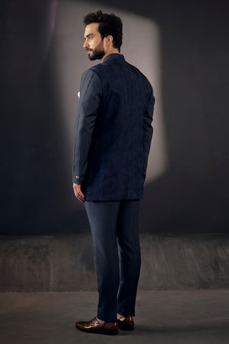 Shop_Jatin Malik_Blue Slub Silk Floral Embroidered Bandhgala Set _at_Aza_Fashions