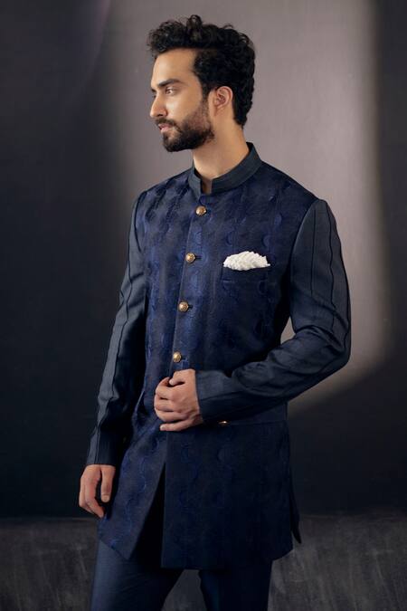 Jatin Malik_Blue Slub Silk Floral Embroidered Bandhgala Set _Online_at_Aza_Fashions