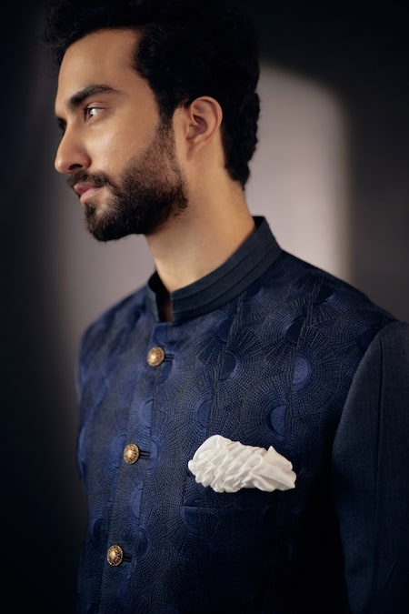 Buy_Jatin Malik_Blue Slub Silk Floral Embroidered Bandhgala Set _Online_at_Aza_Fashions