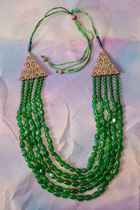 Shop Jatin Malik Green Semi Precious Stones Layered Embellished Mala at Aza Fashions Shop_Jatin Malik_Green Semi Precious Stones Layered Embellished Mala _at_Aza_Fashions