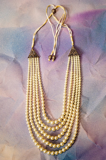 Shop_Jatin Malik_Ivory Semi Precious Stones Layered Embellished Mala _at_Aza_Fashions