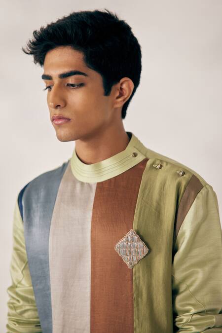 Jatin Malik_Multi Color Linen Silk Striped Kurta Set _Online_at_Aza_Fashions