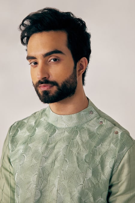Jatin Malik_Green Slub Silk Textured Embroidered Kurta Set _Online_at_Aza_Fashions