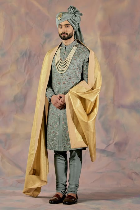 Jatin Malik Grey Linen Silk Embroidered Floral Sherwani Set 