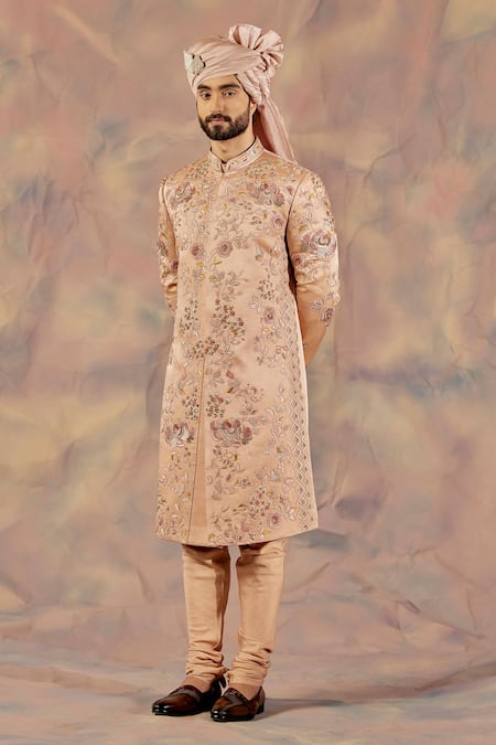 Jatin Malik Peach Linen Silk Floral Print Embroidered Sherwani Set 