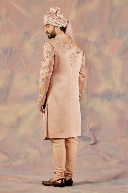 Shop_Jatin Malik_Peach Linen Silk Floral Print Embroidered Sherwani Set _at_Aza_Fashions