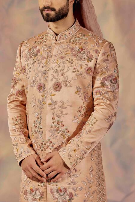 Jatin Malik_Peach Linen Silk Floral Print Embroidered Sherwani Set _Online_at_Aza_Fashions