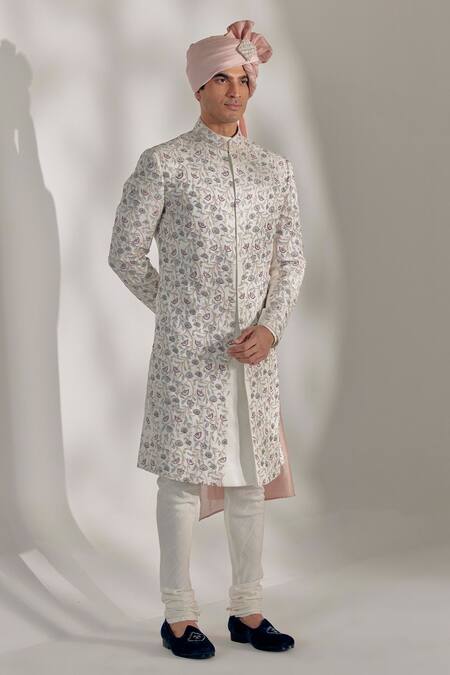 Jatin Malik Ivory Linen Silk Floral Print Embroidered Sherwani Set 
