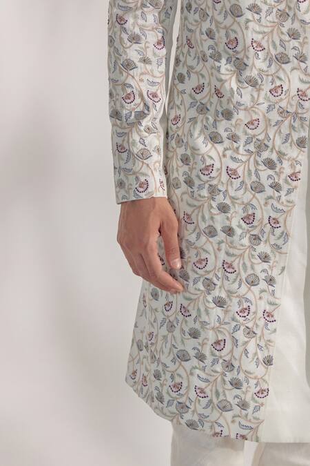 Buy_Jatin Malik_Ivory Linen Silk Floral Print Embroidered Sherwani Set _Online_at_Aza_Fashions