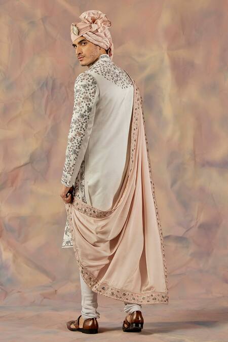 Shop_Jatin Malik_Silver Linen Silk Floral Print Embroidered Sherwani Set _at_Aza_Fashions