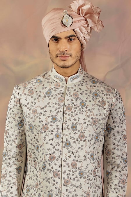 Buy_Jatin Malik_Silver Linen Silk Floral Print Embroidered Sherwani Set _Online_at_Aza_Fashions