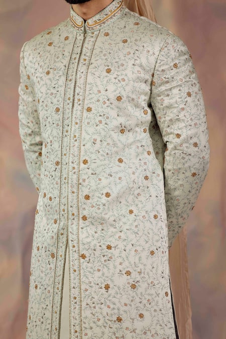 Shop_Jatin Malik_Blue Linen Silk Floral Print Embroidered Sherwani Set _Online_at_Aza_Fashions