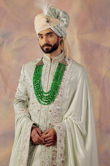 Jatin Malik_Blue Linen Silk Floral Print Embroidered Sherwani Set _at_Aza_Fashions