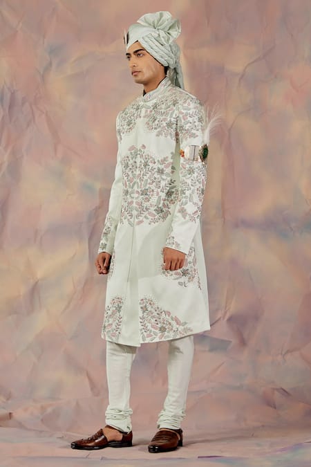 Jatin Malik_Blue Linen Silk Floral Print Embroidered Sherwani Set _Online_at_Aza_Fashions