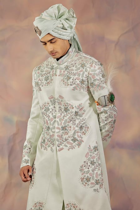 Buy_Jatin Malik_Blue Linen Silk Floral Print Embroidered Sherwani Set _Online_at_Aza_Fashions