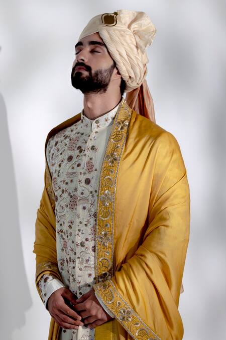 Jatin Malik_Off White Linen Silk Floral Print Embroidered Sherwani Set _Online_at_Aza_Fashions
