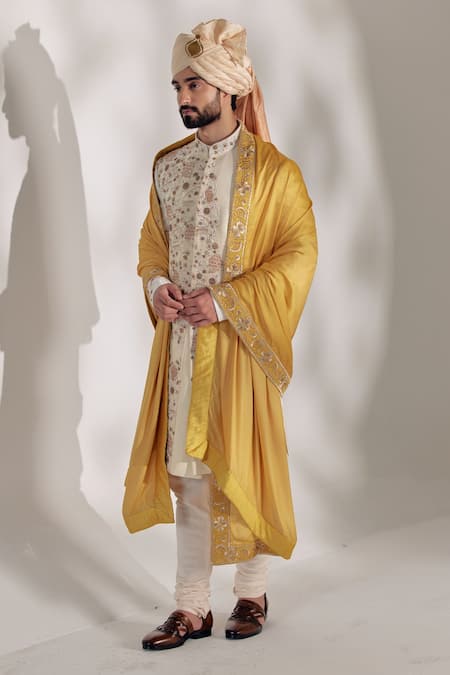 Buy_Jatin Malik_Off White Linen Silk Floral Print Embroidered Sherwani Set _Online_at_Aza_Fashions