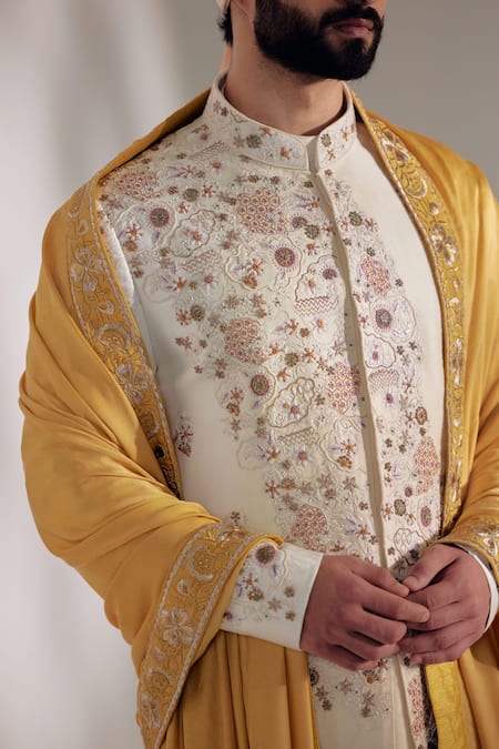 Shop_Jatin Malik_Off White Linen Silk Floral Print Embroidered Sherwani Set _Online_at_Aza_Fashions