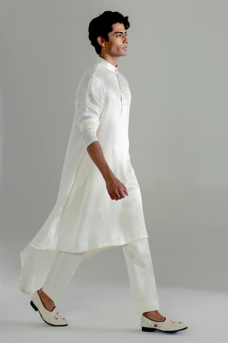 Jatin Malik_Ivory Linen Silk Floral Print Front Open Sherwani Set _Online_at_Aza_Fashions