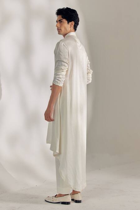 Buy_Jatin Malik_Ivory Linen Silk Floral Print Front Open Sherwani Set _Online_at_Aza_Fashions