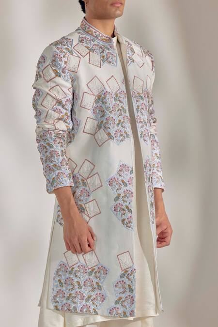 Jatin Malik_Ivory Linen Silk Floral Print Front Open Sherwani Set _at_Aza_Fashions