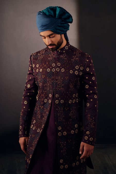 Jatin Malik Linen Silk Embroidered Sherwani Set 