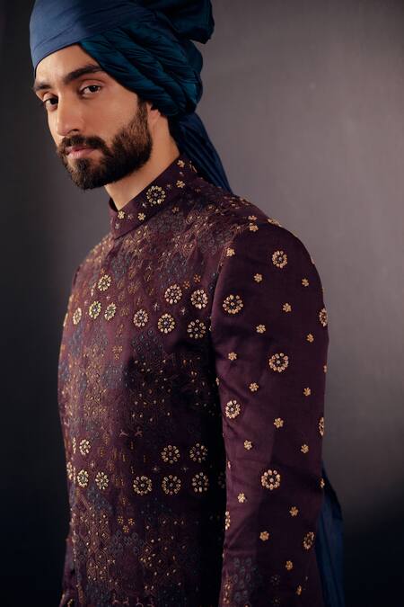 Jatin Malik_Wine Linen Silk Floral Print Embroidered Sherwani Set _Online_at_Aza_Fashions