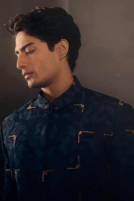 Jatin Malik Blue Linen Silk Floral Print Jamawar Sherwani Set Online at Aza Fashions Jatin Malik_Blue Linen Silk Floral Print Jamawar Sherwani Set _Online_at_Aza_Fashions