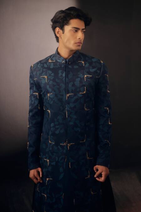 Buy Jatin Malik Blue Linen Silk Floral Print Jamawar Sherwani Set Online at Aza Fashions Buy_Jatin Malik_Blue Linen Silk Floral Print Jamawar Sherwani Set _Online_at_Aza_Fashions