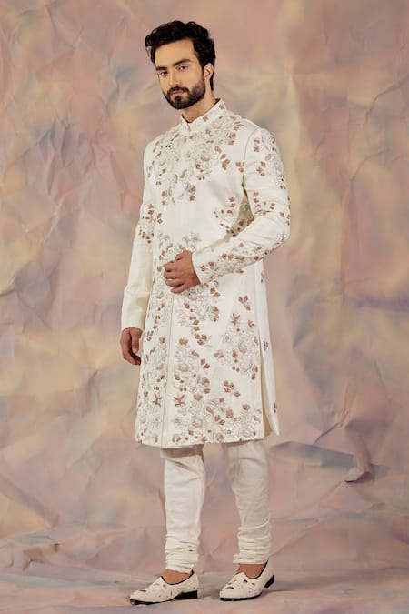 Jatin Malik_White Linen Silk Floral Print Embroidered Sherwani Set _Online_at_Aza_Fashions