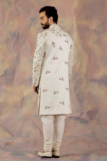 Buy_Jatin Malik_White Linen Silk Floral Print Embroidered Sherwani Set _Online_at_Aza_Fashions