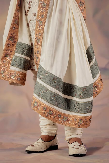 Jatin Malik_White Linen Silk Floral Print Embroidered Sherwani Set _at_Aza_Fashions