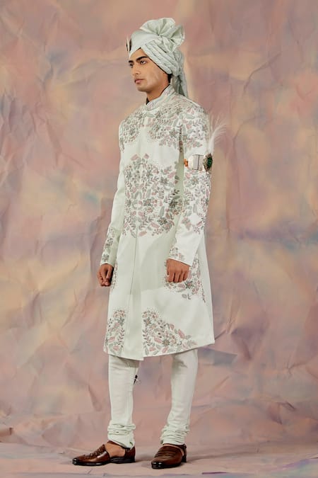 Buy_Jatin Malik_Blue Linen Silk Floral Print Embroidered Sherwani Set _Online_at_Aza_Fashions