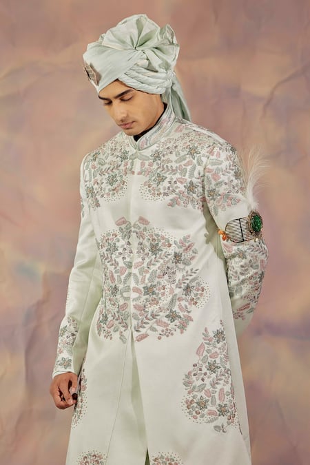 Shop_Jatin Malik_Blue Linen Silk Floral Print Embroidered Sherwani Set _Online_at_Aza_Fashions