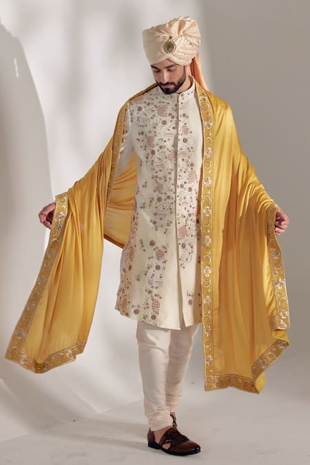 Jatin Malik Off White Linen Silk Embroidered Floral Sherwani Set 