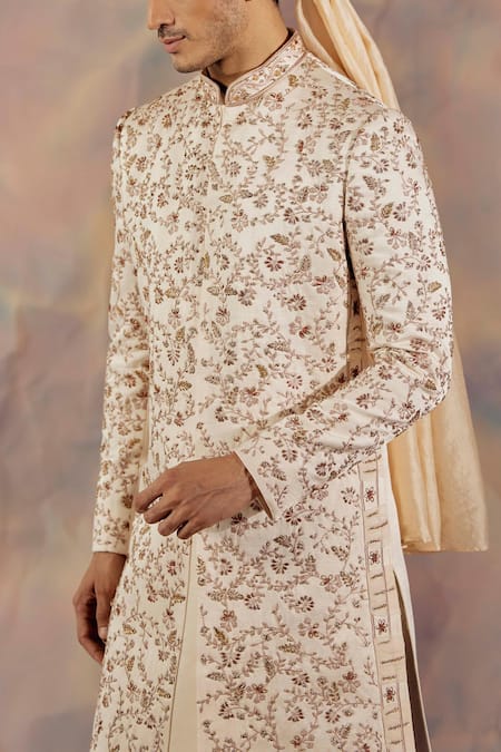 Shop_Jatin Malik_Off White Linen Silk Floral Print Embroidered Sherwani Set _Online_at_Aza_Fashions