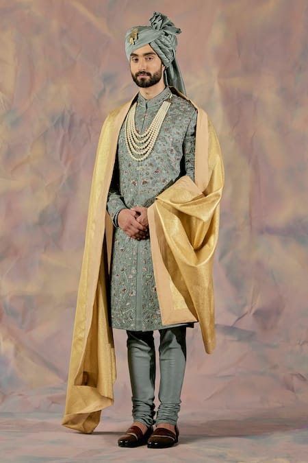 Jatin Malik Linen Silk Floral Embroidered Sherwani Set 