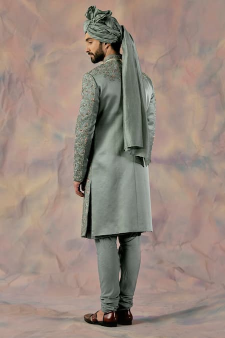 Jatin Malik Linen Silk Floral Embroidered Sherwani Set 