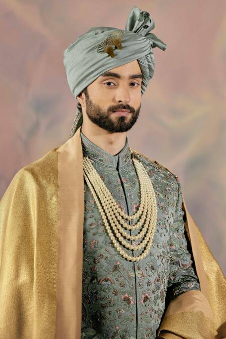 Jatin Malik_Grey Linen Silk Floral Print Embroidered Sherwani Set _Online_at_Aza_Fashions