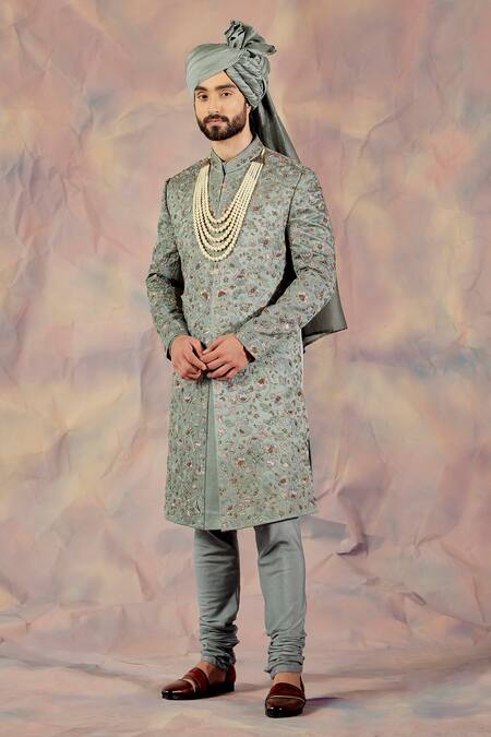 Buy_Jatin Malik_Grey Linen Silk Floral Print Embroidered Sherwani Set _Online_at_Aza_Fashions