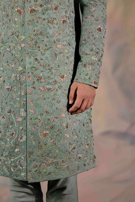 Shop_Jatin Malik_Grey Linen Silk Floral Print Embroidered Sherwani Set _Online_at_Aza_Fashions