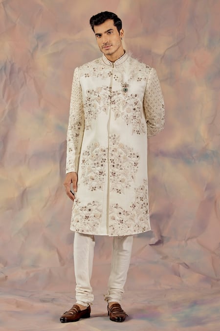 Jatin Malik Linen Silk Floral Embroidered Sherwani Set 