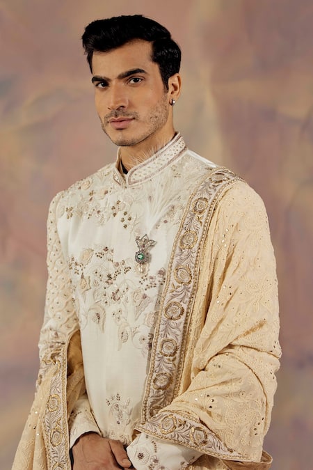 Jatin Malik_Ivory Linen Silk Floral Print Embroidered Sherwani Set _Online_at_Aza_Fashions