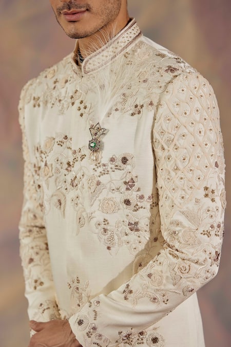 Shop_Jatin Malik_Ivory Linen Silk Floral Print Embroidered Sherwani Set _Online_at_Aza_Fashions