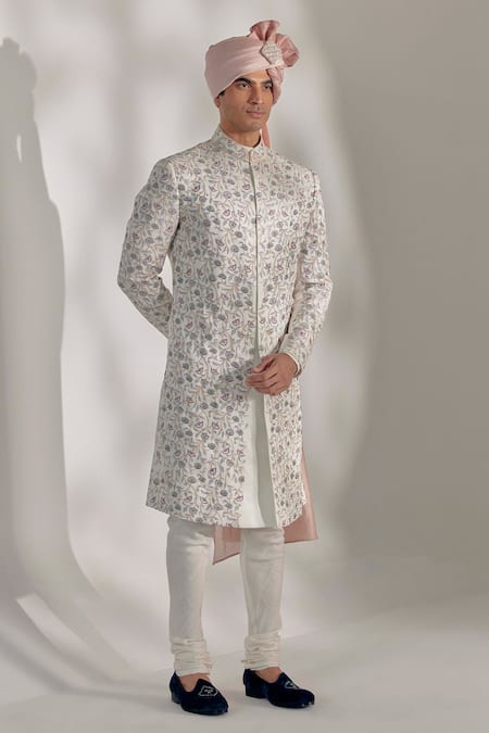 Jatin Malik_Ivory Linen Silk Floral Print Embroidered Sherwani Set _Online_at_Aza_Fashions